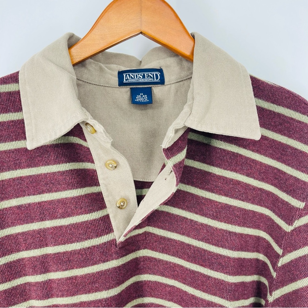 😎Vtg 90s Khaki Green Burgundy Striped Rugby Shirt Thick Cotton Grunge Lands End - Picture 3 of 15